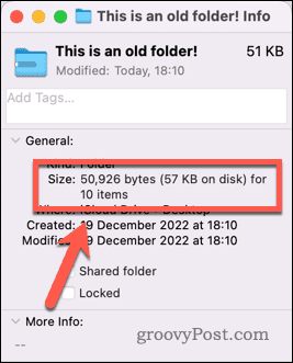 Example folder size on a Mac