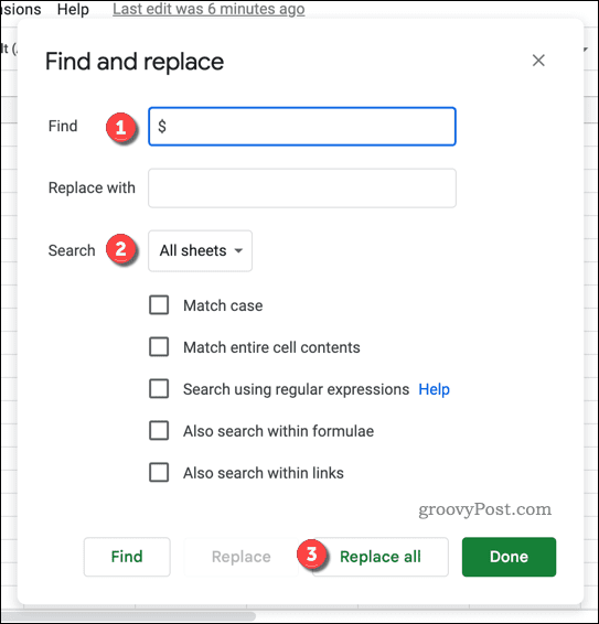 Find and replace menu in Google Sheets