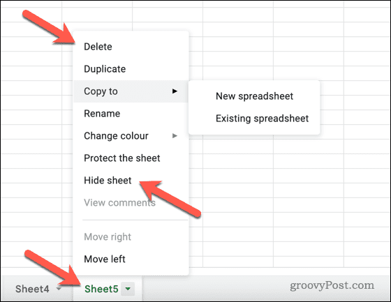 Hiding or deleting a sheet in Google Sheets
