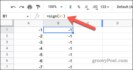 Using the SIGN function in Google Sheets