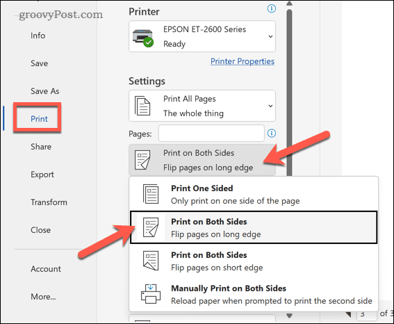 Print on both sides in Word
