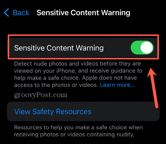ios sensitive content warning toggle on