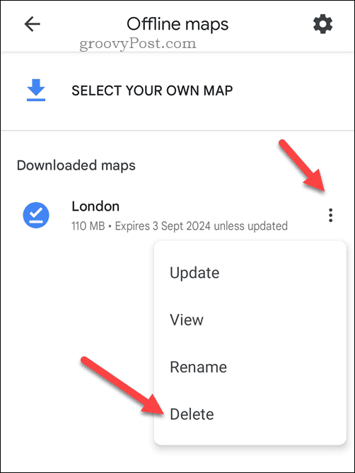 Delete an offline Google Maps map