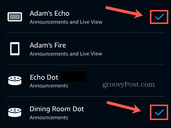 alexa app announcement devices check marks