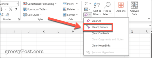 excel clear formats
