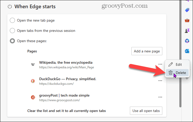 Delete page from startup in Edge
