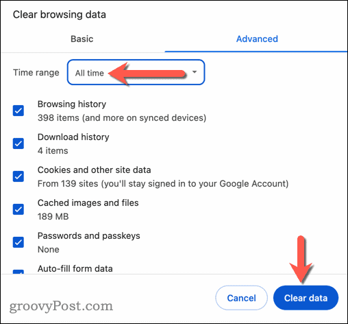 Clearing Chrome browser data