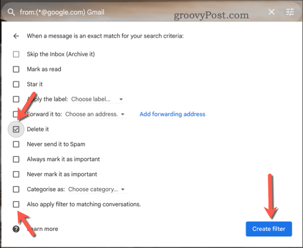Choosing the actions performed by a Google search filter