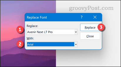 Options for replacing a font in PowerPoint