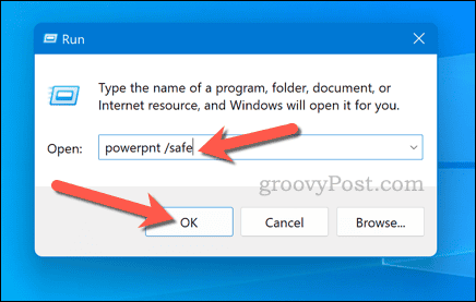 Opening PowerPoint in safe mode using the Run box