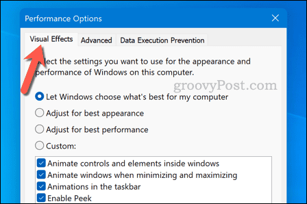 The visual effects tab in the Windows performance options settings menu
