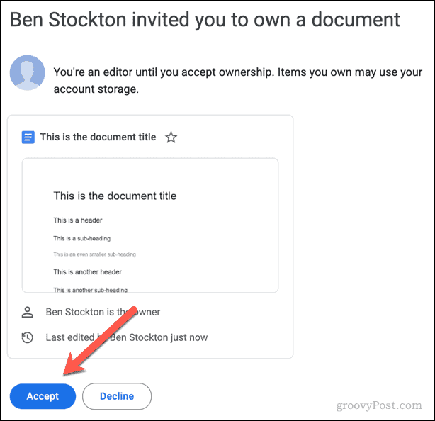 Email invitation to accept or reject ownership of a Google Docs file