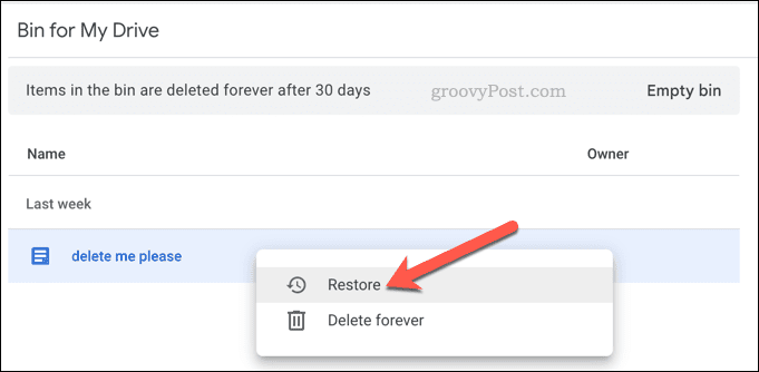 Restoring deleted files in Google Drive