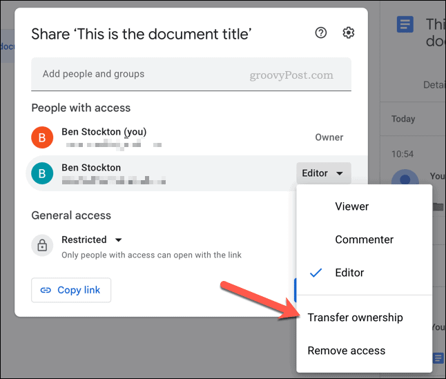 Transfer ownership of a file in Google Drive